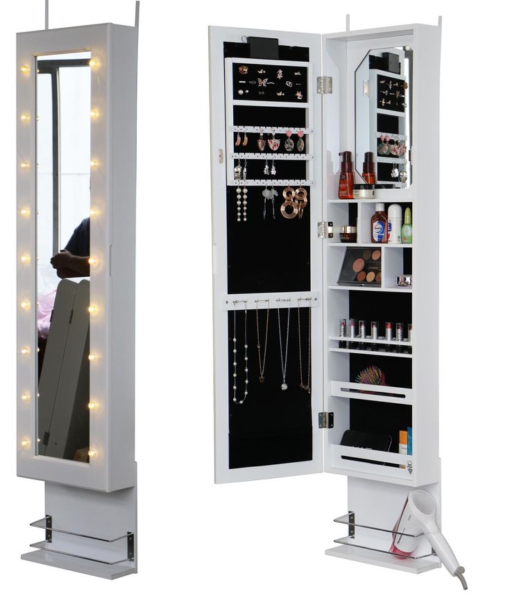 White Door Wall Mounted Mirror Jewellery Cabinet With Led Lights Hair Dryer Holder Dressing Room Decor Jewelry Wall Mounted Mirror Jewellery Cabinet, Jewellery Cabinet Mirror White