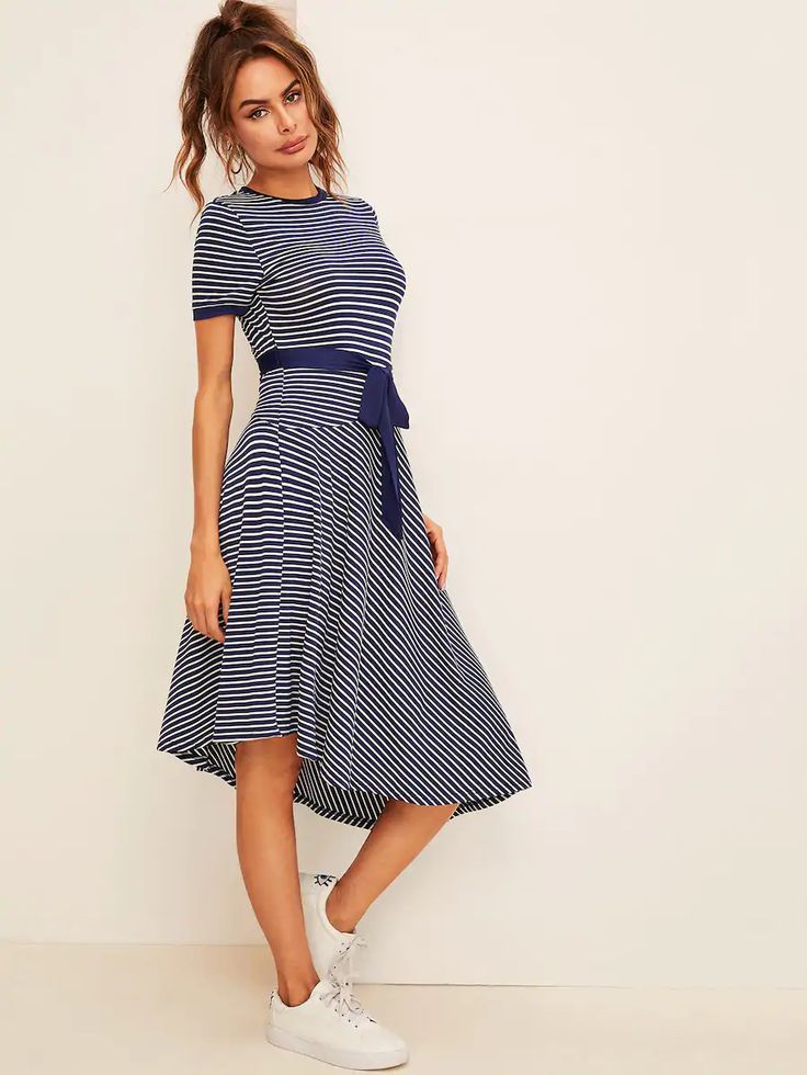 Asymmetric Hem Belted Striped Ringer Dress | SHEIN UK | Fit and flare ...