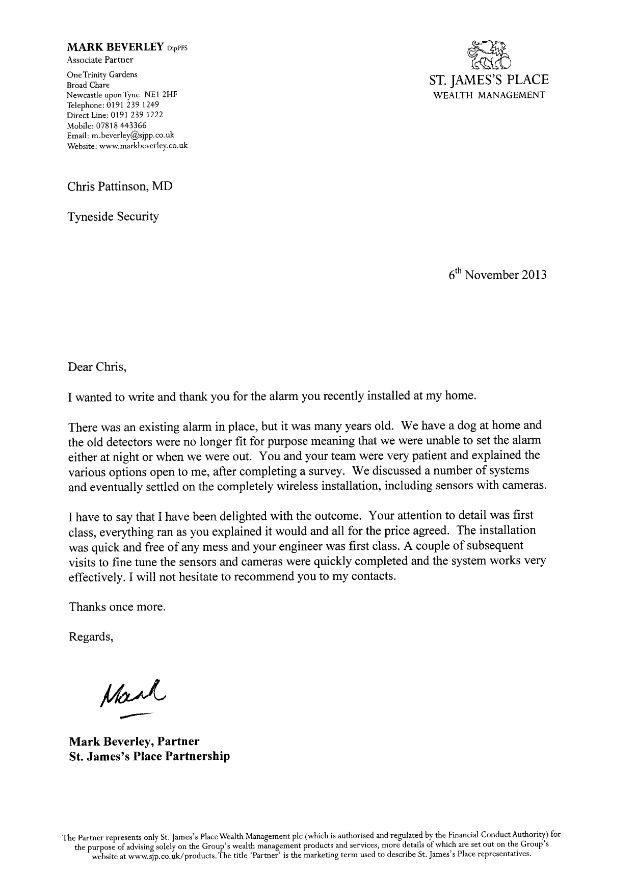one of many thank you letters from a highly satisfied installation letter
