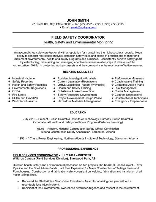 Click Here to Download this Field Safety Coordinator Resume Template! http://www.resumetemplates101.com/Human%20Resources-resume-templates/Template-383/