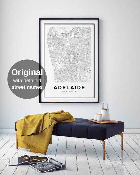 South Australia Wall Art Poster City Wall Decor ADELAIDE Monochrome Map Print