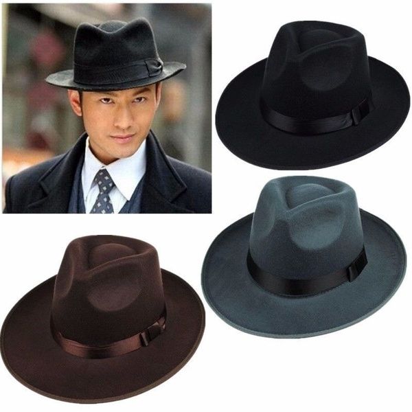 Mens Womens Vintage Hard Felt Fedora Hats Wide Brim Fedora Trilby Panama