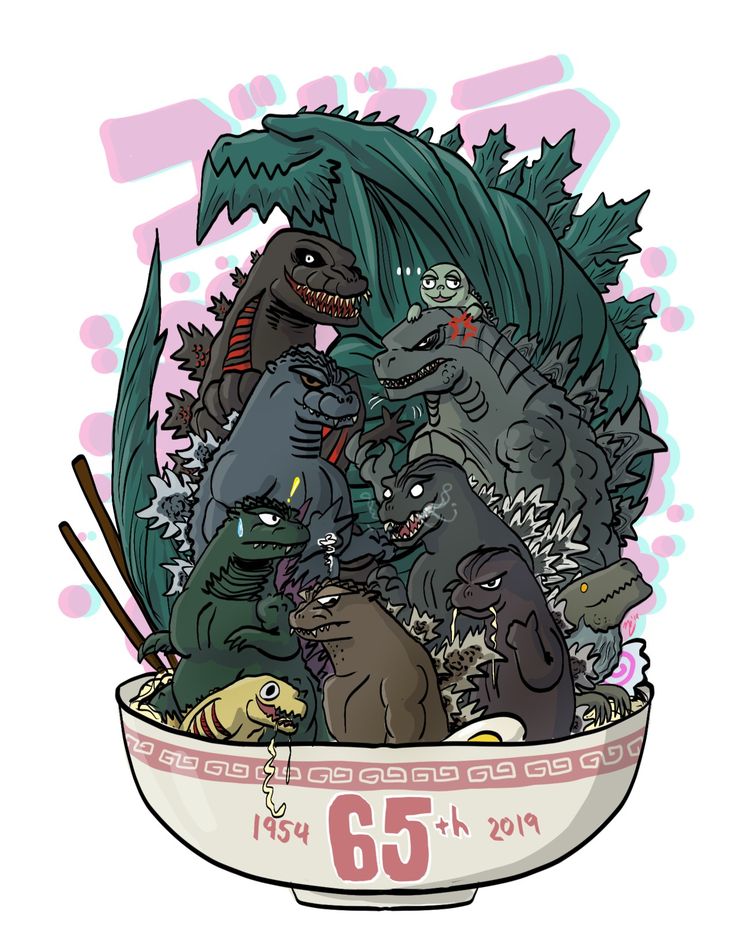 Godzilla's 65th with his self(s) in a ramen bowl cause why not