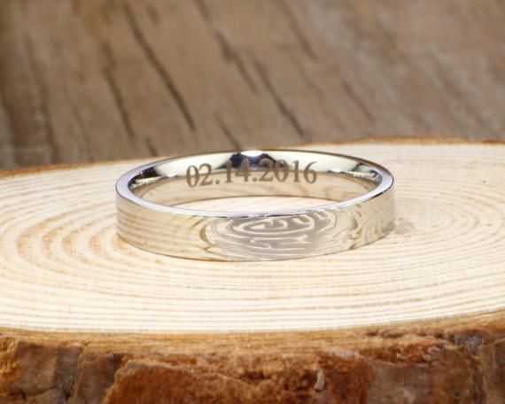 White Gold Tone Titanium Rings 4mm Thumb Print Rings WEDDING RING Women Ring Custom Your Actual Finger Print Rings