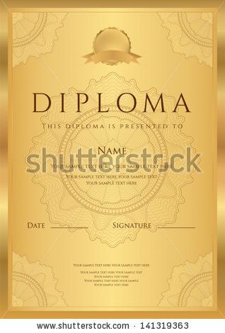 Gold Diploma of completion (template or sample blank background) with guilloche pattern (watermark), borders. Design for Certificate, invitation, gift voucher, official, ticket, award (winner). Vector