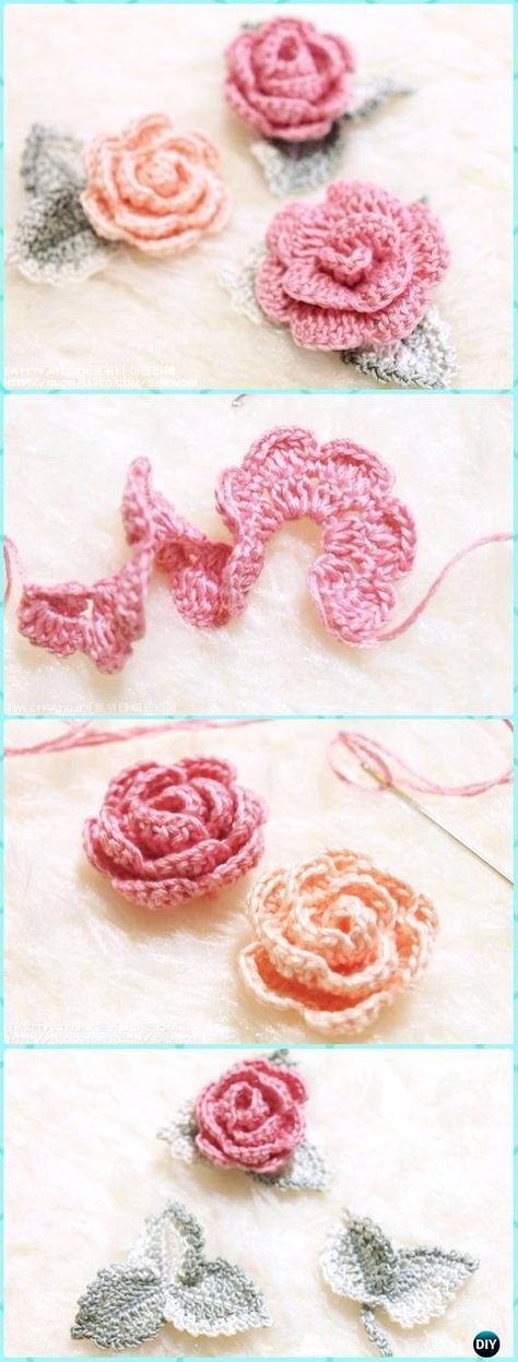 Crochet 3D Rose Flower with Leaf Free Pattern