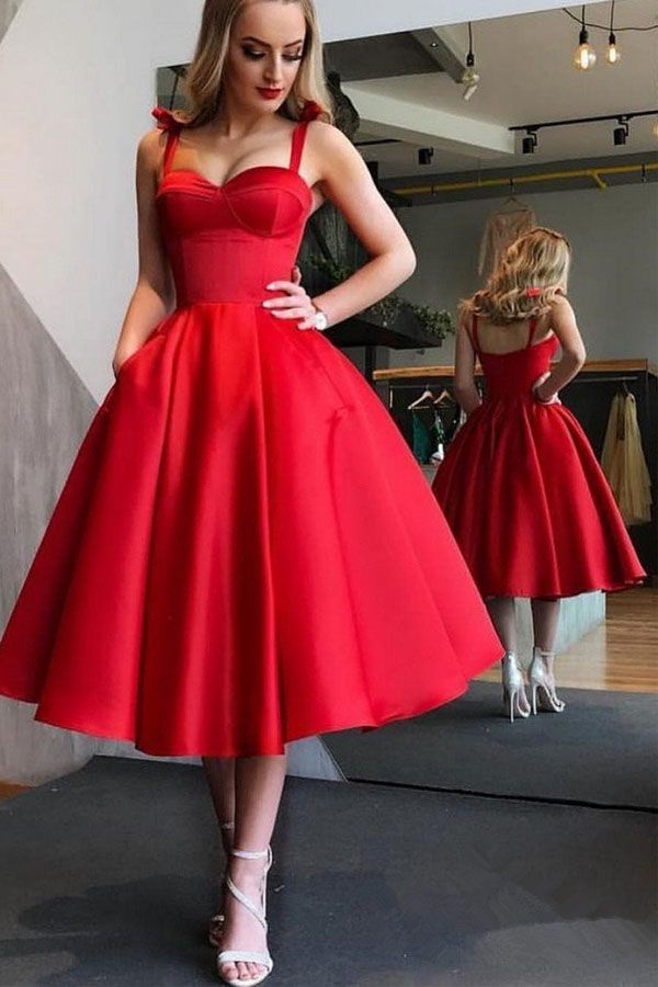 Red Cute Tea Length Graduation Dress Elegant Midi Prom Dresses TP0826
