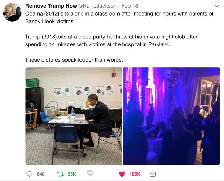 President Obama (2012) sits alone in a classroom after meeting for hours with parents of Sandy Hook shooting victims. tRump (2018) sits at a disco party at his private nightclub after spending 14 minutes with shooting victims at the hospital in Parkland. These pictures speak louder than words.