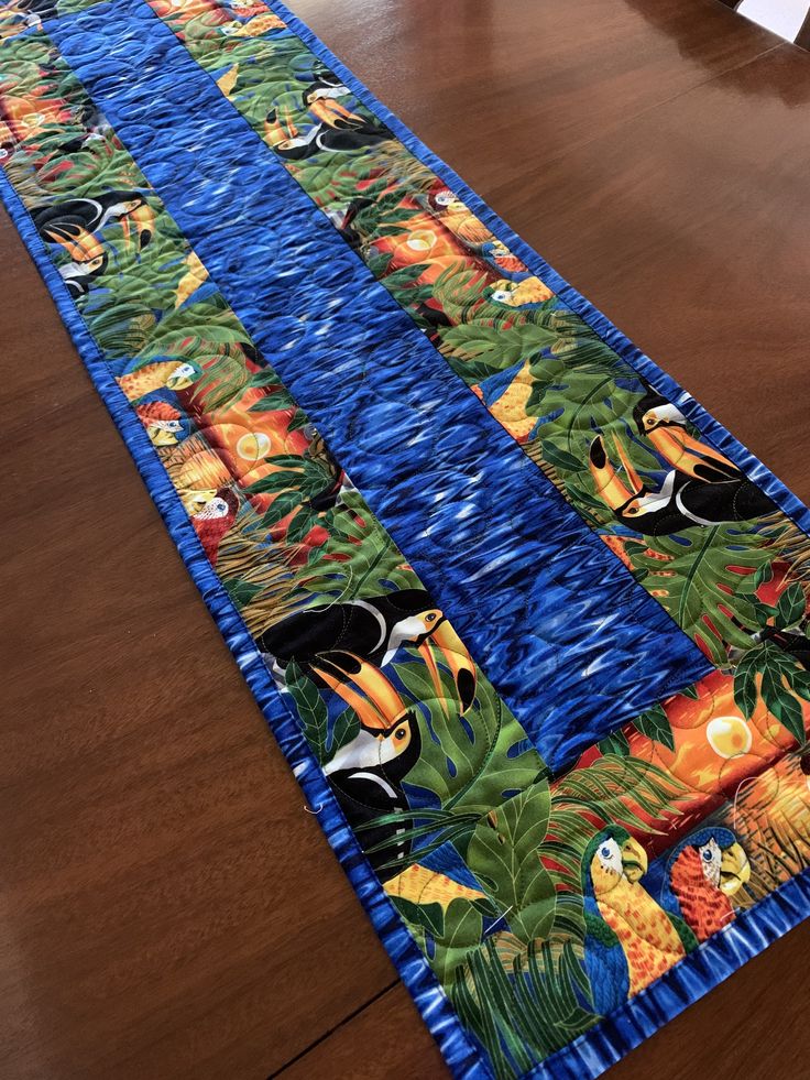 Exotic Birds Table Runner Quilt Handmade Toucan Blue Parrots