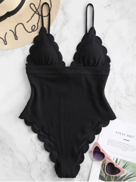 Ribbed Scalloped Backless Swimsuit