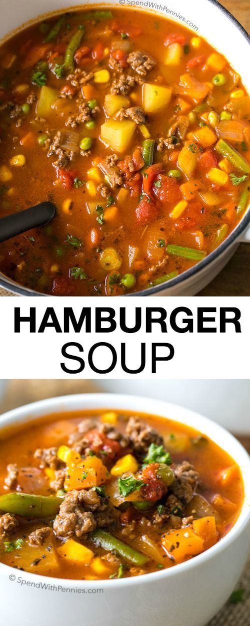 Hamburger Soup is a quick and easy meal loaded with vegetables, lean beef, diced tomatoes and potatoes. It's great made ahead of time, reheats well and freezes perfectly