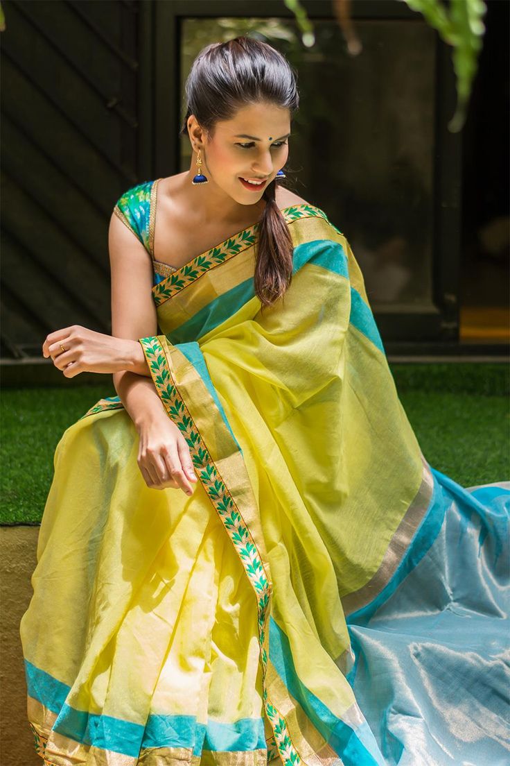 lemon yellow chanderi cotton saree with blue and gold designer silk saree images