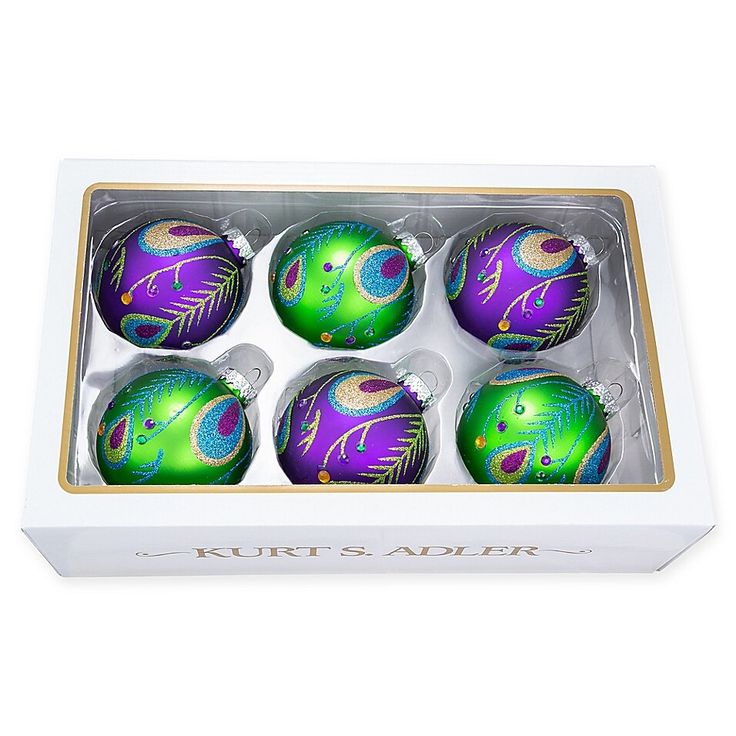 Kurt Adler 6-Piece 80mm Peacock Glass Ball Ornament Set | Bed Bath