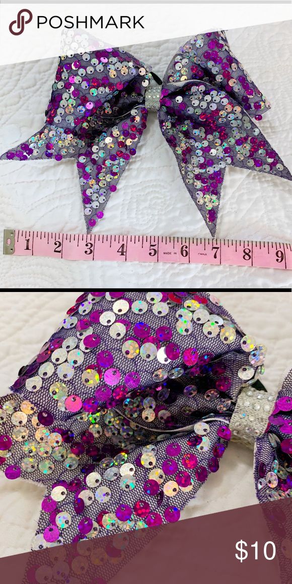 Purple And Silver Sequin 9” Cheer Hair Bow Cheer Hair Bows Cheer Hair Cheerleading Hair Bows
