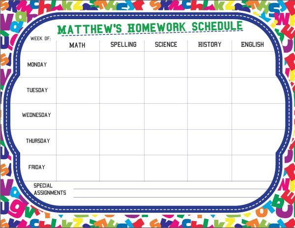 Customizable homework calendar
