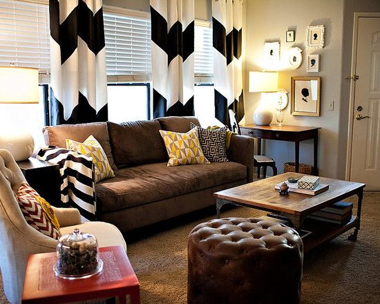 66 Best Living Room Images On Pinterest Home Ideas How To Fit Black And White With A Brown Couch Chevron Curtains Leather Sofa Soft Gray Walls Pops Of Color On The Pillows