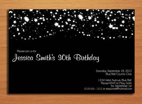 I love this. We can really make this cool for a Fifties Cocktail kind of theme. Elegant Starry Night 30th Birthday / Customized Printable Adult Birthday Party Invitation Cards DIY. $15.00, via Etsy.