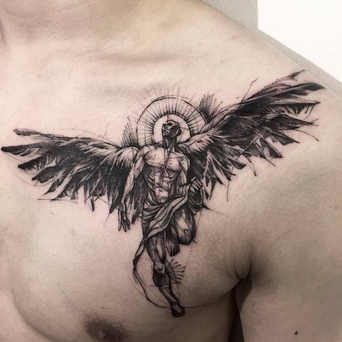 tattoo engel, realistische tätoiwerung, gefallener engel an der brust, blackwor...