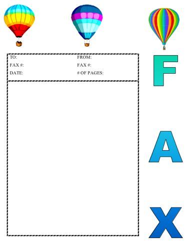 This printable fax cover sheet shows three hot air balloons in bright, vivid colors. Free to download and print