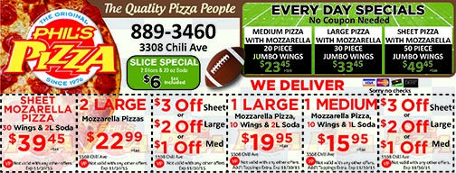 Football specials and coupons on pizza orders from Phil's Pizza! | Pizza coupons, Coupons, Pizza