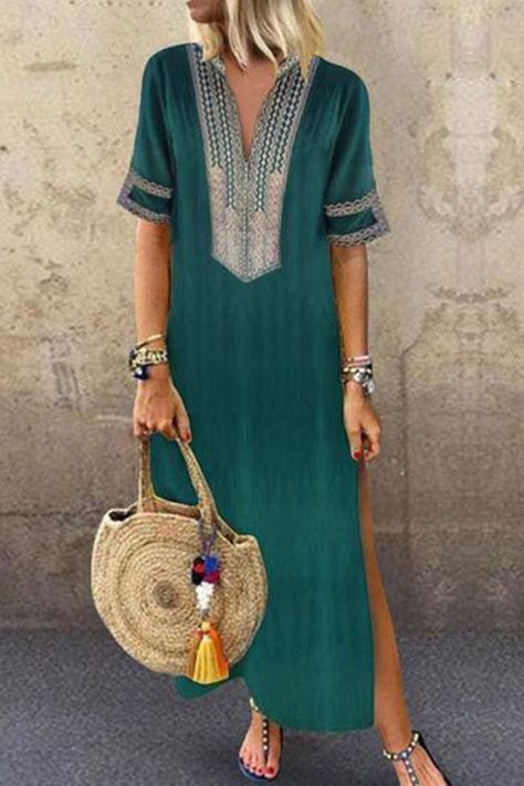 Sexy Side Split V Neck Printed Casual Maxi Dresses