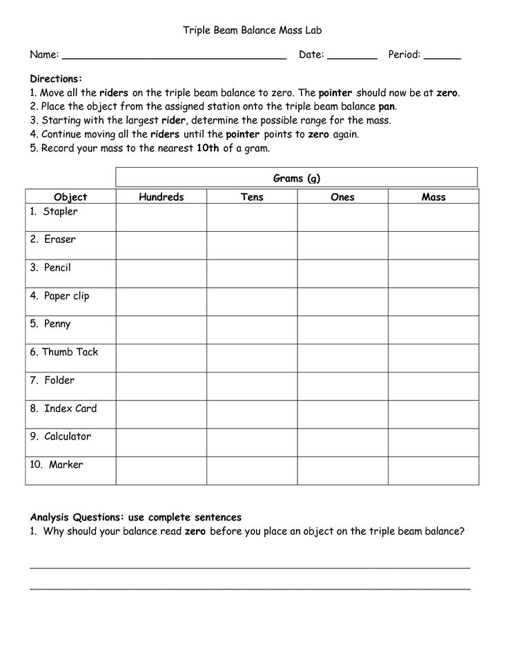Reading a triple beam balance worksheet