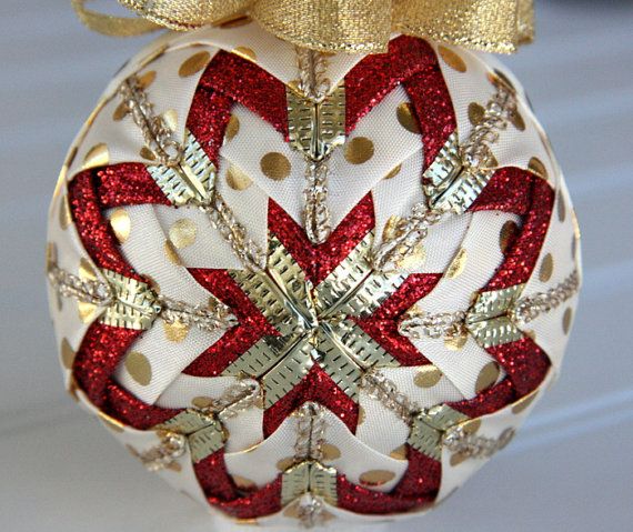 quilted christmas ornament ball gold cream and red make fabric christmas ball ornaments