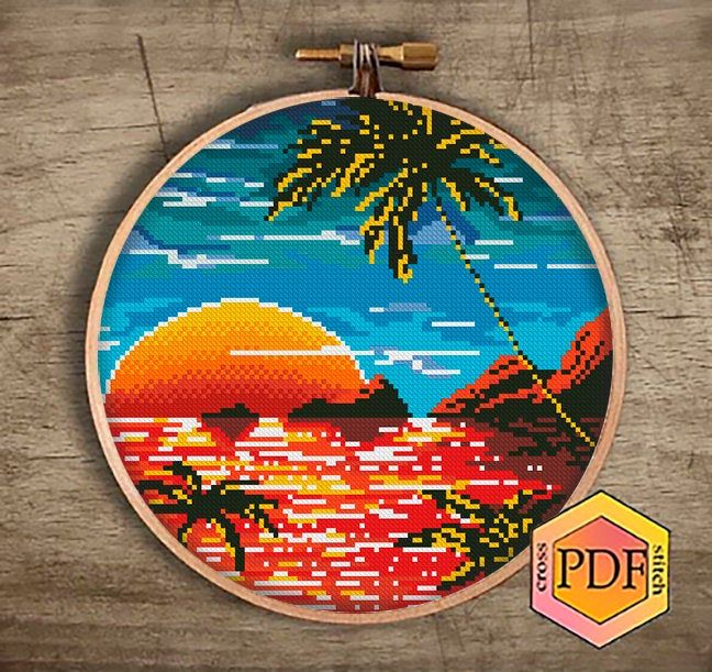hoop art Photo Landscape Modern Cross Stitch Pattern nature counted cross stitch chart palm sunset beach instant download PDF