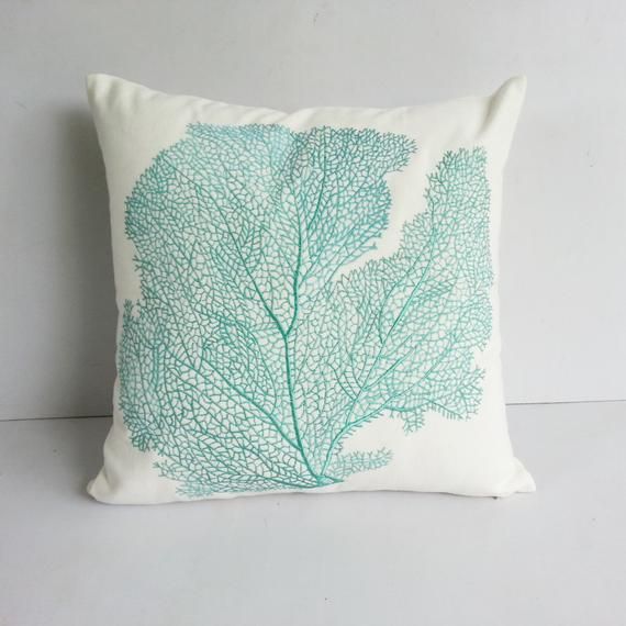 aqua blue coral fan pillow, coastal Embroidered Nautical Decor Throw Pillow