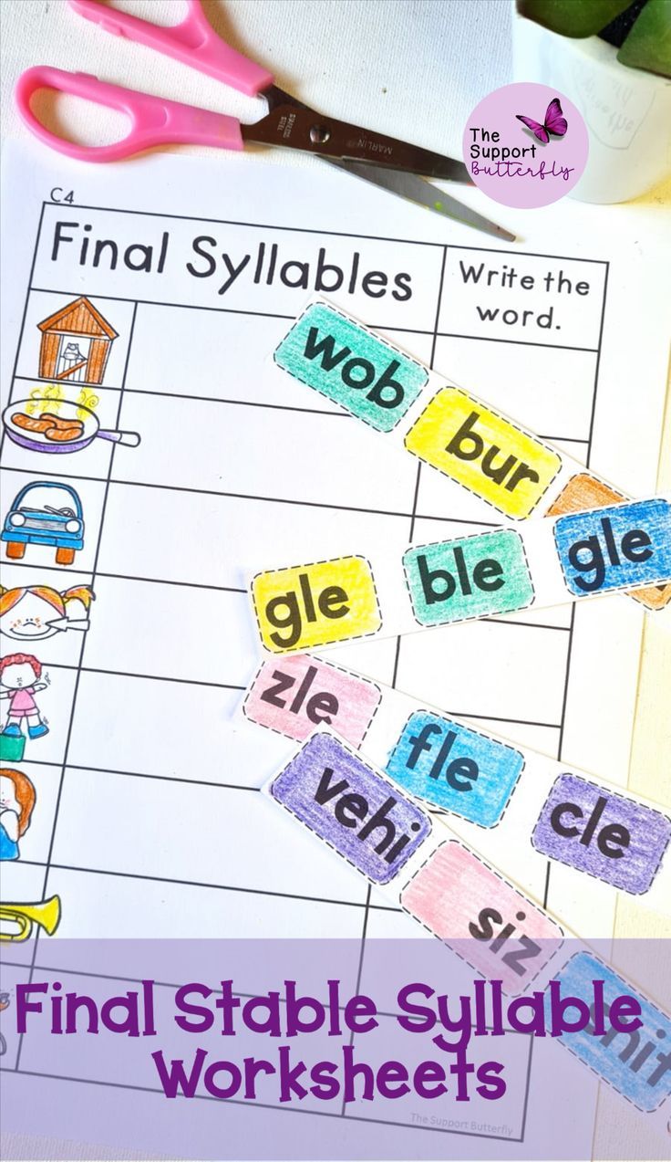 the final stabe sylladdle worksheet is shown with scissors and paper