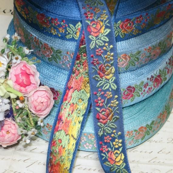 1y VTG 3//4/" FRENCH JACQUARD RIBBON PINK OMBRE ROSE FLOWER TRIM VTG ANTQ BROCADE