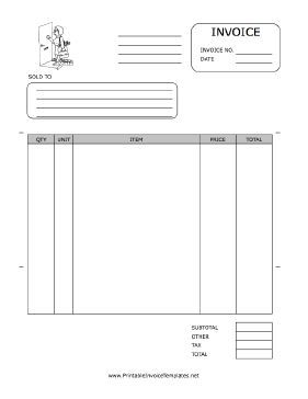 A printable invoice for use by a cleaning, housekeeping, or janitorial firm, featuring a black-and-white graphic of a maid arriving at a home or business. It has spaces to note quantity, unit, item, price, and more. It is available in PDF, DOC, or XLS (spreadsheet) format. Free to download and print