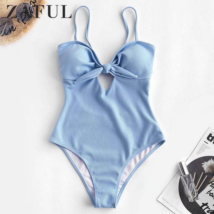 ZAFUL Bikini Ribbed Keyhole Knotted Swimsuit Wire Free Padded High Waisted Swimw...