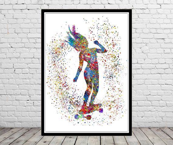 skateboard outdoor street sports skateboard watercolor skater skater art skateboarder skater girl Skateboarding skateboard print