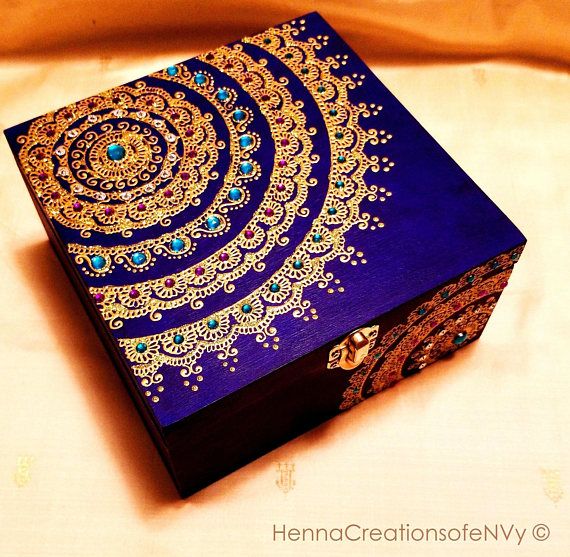 Zaffre Blue Mandala Keepsake Jewelry Box, Hand- Painted in gold accents and Gemstones