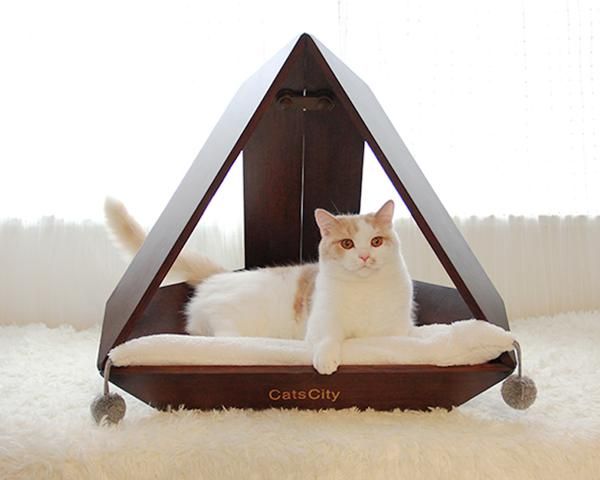 Wooden Pyramid Home Décor Cushion Designer Indoor Cave Pet Bed House For Small Medium Cats Cat Bed Furniture Bed Furniture Cat Bed