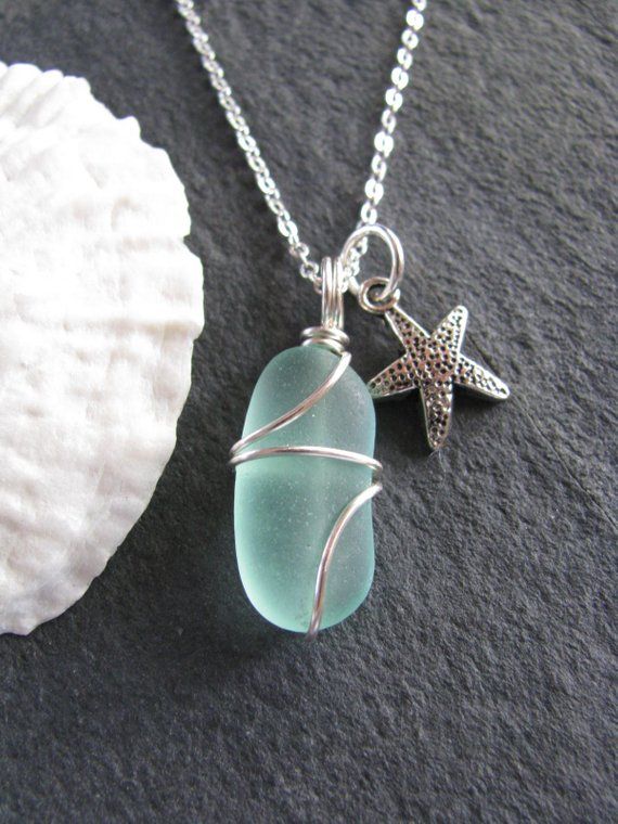 Genuine Sea Glass Jewelry Seafoam Sea Glass Necklace Starfish Charm Beach Jewelry Sea Glass Starfish Beach Wedding Jewelry