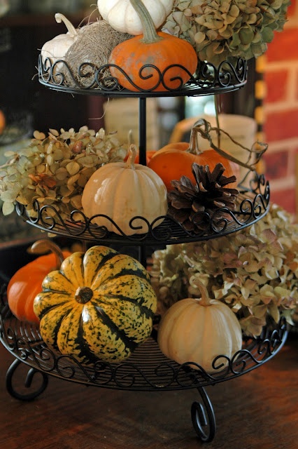 fall halloween thanksgiving centerpiece on tiered stand displays mini pumpkins gourds hydrangeas - Halloween Cupcake Holder fall halloween thanksgiving centerpiece on tiered stand displays mini pumpkins gourds hydrangeas - Halloween Cupcake Holder