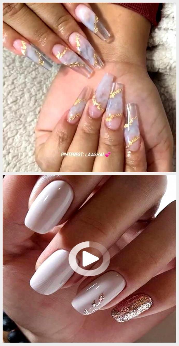 Clear And Milky White Coffin Acrylic Nails W Gold Leaf Flakes Nageldesigns Vid Arleanburge Acrylic Arleanb In 2020 Colourful Acrylic Nails Acrylic Nails Nails