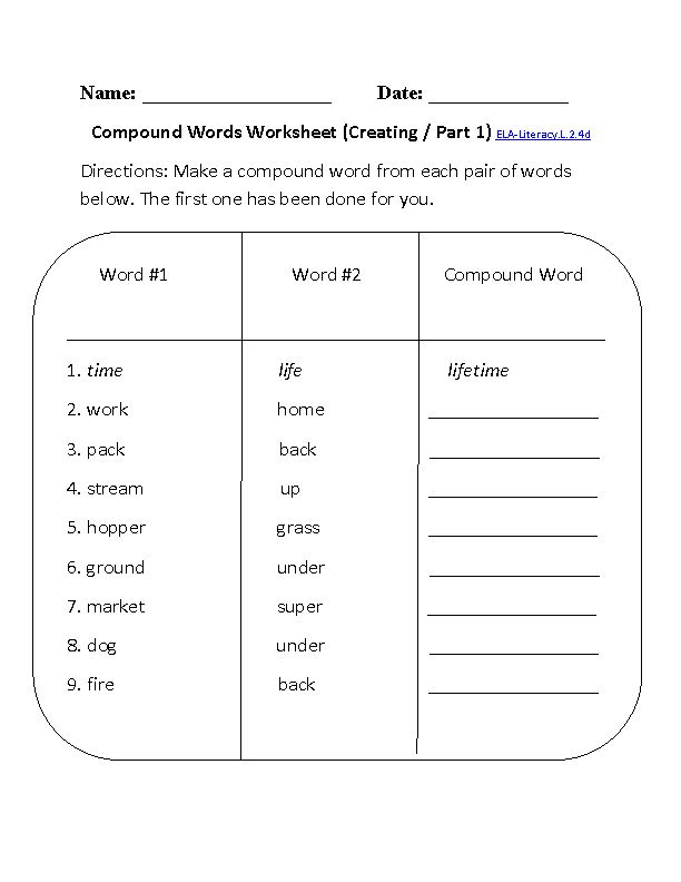 2nd Grade Common Core Language Worksheets Compound words worksheets