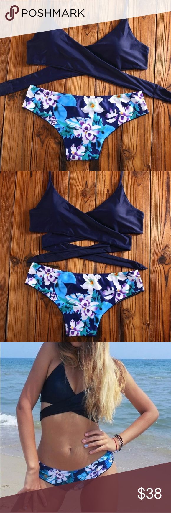 Wrap Navy bikini Adorable navy wrap around swim suit top with tropical floral ba...