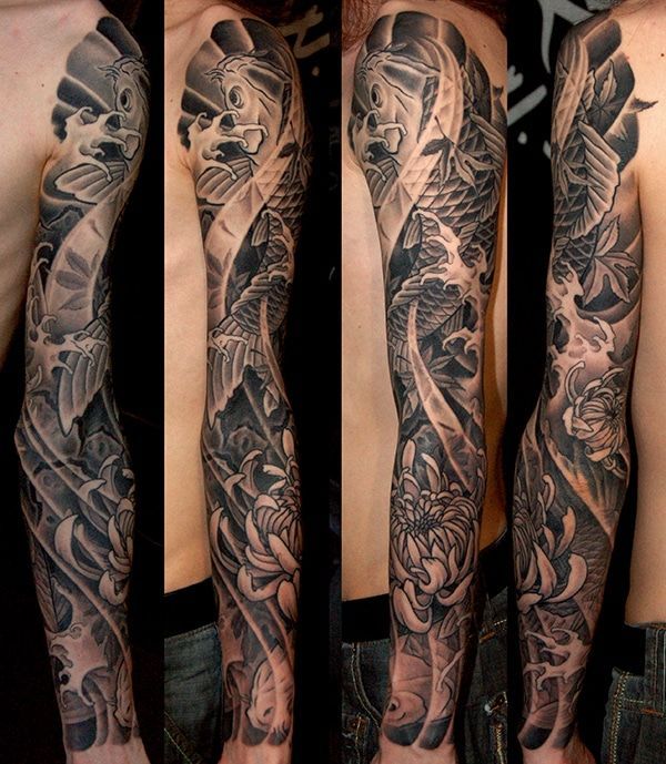 Black And Grey Koi And Chrysanthemum Flowers Sleeve Japanese Tattoo By George Bardadim Koi Tattoo Sleeve Japanese Sleeve Tattoos Japanese Tattoo
