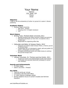 Focusing on education and academic achievements, this printable resume is a great way to apply for a scholarship. Free to download and print----TEMPLETS