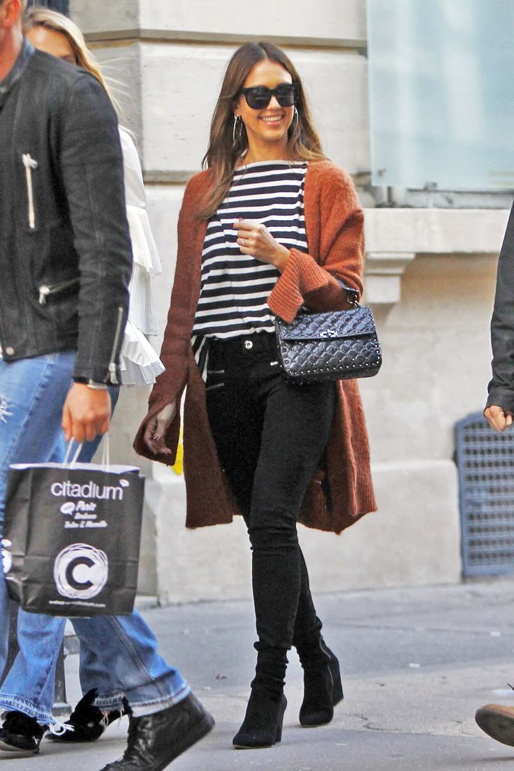 Jessica Alba’s stripe top and rust cardigan look for less Jessica Alba’s stripe top and rust cardigan look for less