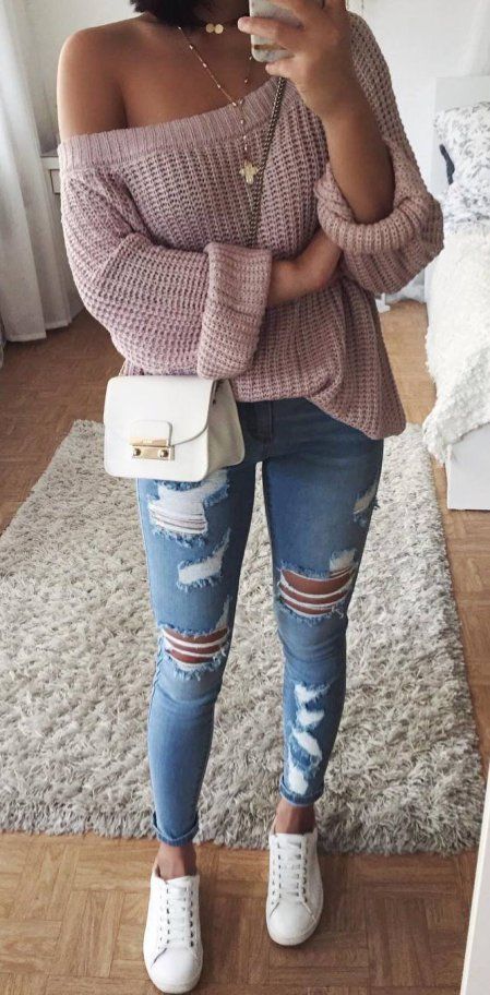 Trendy one-shoulder sweater with jeans and ripped jeans and sneakers – # 1 … Trendy one-shoulder sweater with jeans and ripped jeans and sneakers – # 1 …