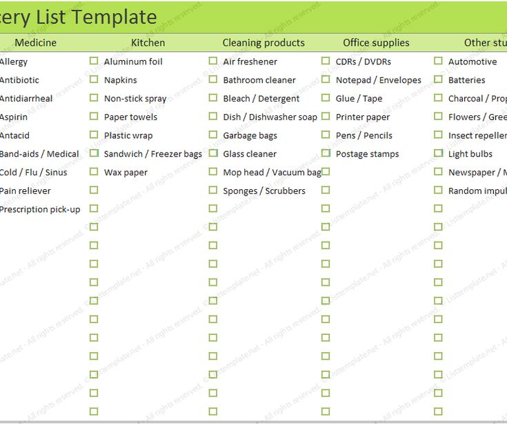 household shopping list template