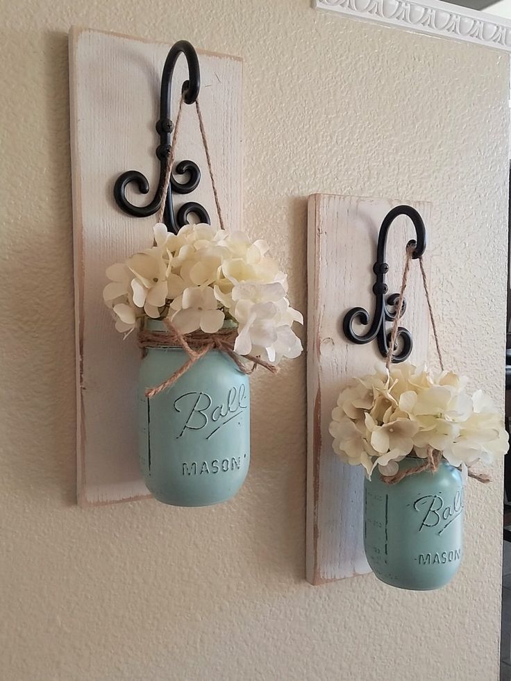 Set of 2,Mason Jar Wall Decor,Country Chic Wall Decor,Hanging Mason Jar Sconce,M...