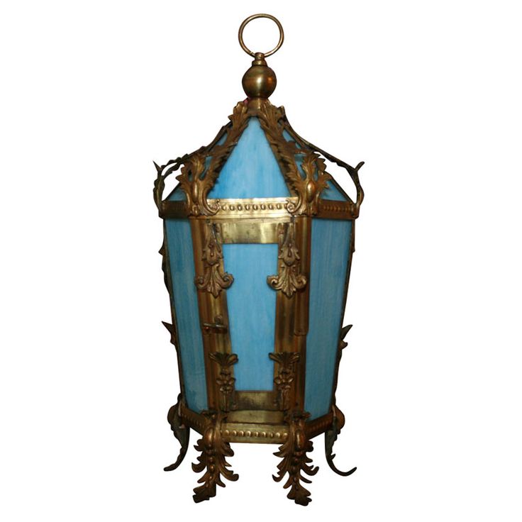 French Blue Glass And Gilt Bronze Hanging Lantern Antique Lanterns Candle Blue Glass Candle Lanterns, Glass Lantern Chandelier Blue