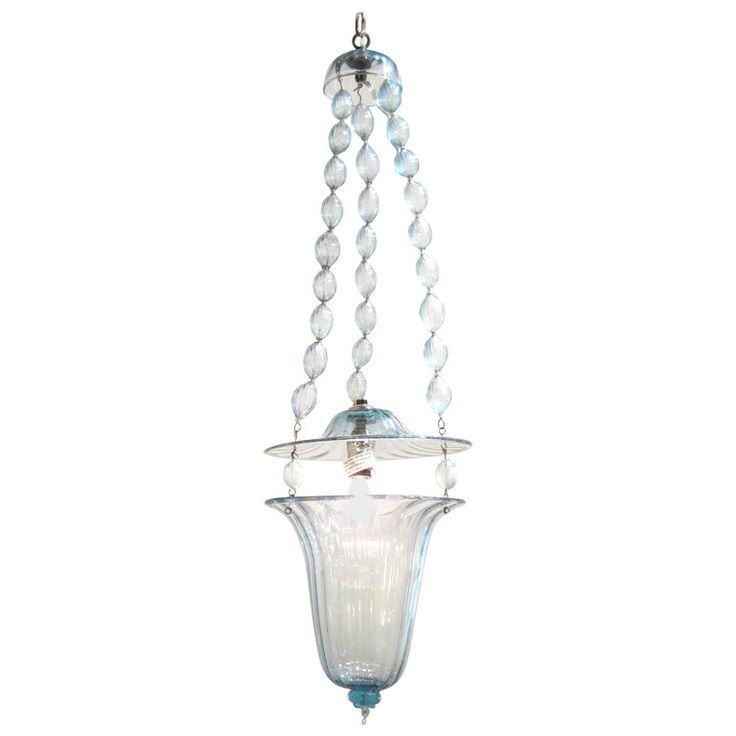 Rare Early Venini Pale Blue Pendant Light Circa 1920 Antique Early Venini Pale Blue Pendant Light, Glass Lantern Chandelier Blue