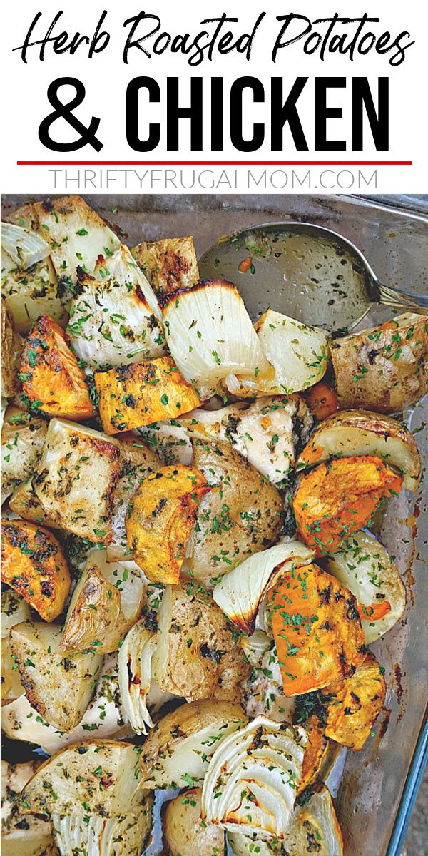 roasted potatoes and chicken in a pan with text overlay